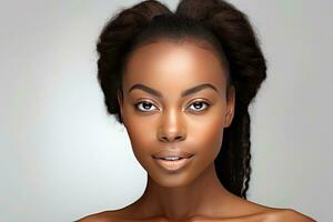 africano americano mulher com limpar \ limpo saudável pele em bege fundo. sorridente sonhadores lindo afro garota. generativo ai foto