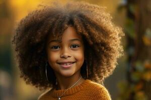 lindo africano americano menina com a afro Penteado sorridente. generativo ai foto