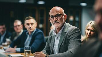 o negócio masculino dentro oficina evento reunião. o negócio evento Treinamento desenvolvedor, seminários, gerenciamento, treinamento. generativo ai foto