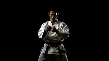 ásia karatê homem em pé com Preto cinto isolado em Preto fundo. taekwondo. generativo ai foto