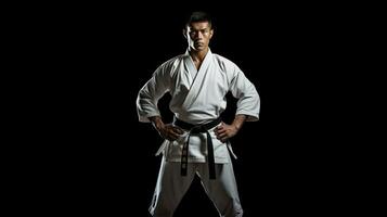 ásia karatê homem em pé com Preto cinto isolado em Preto fundo. taekwondo. generativo ai foto