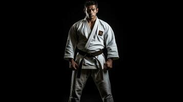 ásia karatê homem em pé com Preto cinto isolado em Preto fundo. taekwondo. generativo ai foto