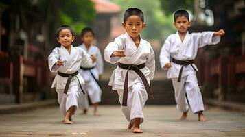 ásia crianças karatê marcial artes. taekwondo. generativo ai foto