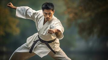 ásia homem karatê marcial artes. taekwondo. generativo ai foto