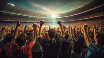 grupo do fãs futebol a comemorar a sucesso do seus favorito Esportes equipe em a carrinhos do a profissional estádio. generativo ai foto