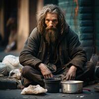 uma sem teto mendigo homem sentado ao ar livre dentro cidade Perguntando para dinheiro doação. generativo ai foto
