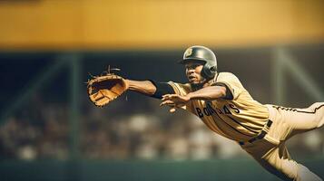 beisebol interrupção pega a bola em profissional beisebol estádio. generativo ai foto