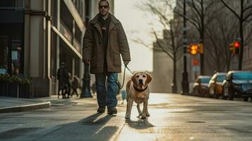 uma cego homem, guia cachorro ajudando cego homem caminhando em rua dentro a cidade. guia cachorro. generativo ai foto