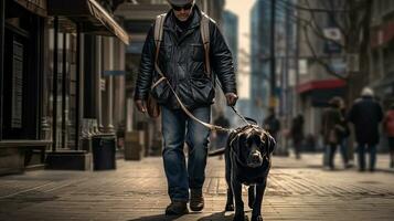 uma cego homem, guia cachorro ajudando cego homem caminhando em rua dentro a cidade. guia cachorro. generativo ai foto