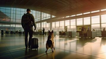 Policial com cachorro verificação mala de viagem dentro aeroporto. polícia cachorro. farejador cachorro. generativo ai foto