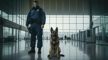 segurança Policial com polícia cachorro às aeroporto. polícia cachorro. farejador cachorro. generativo ai foto