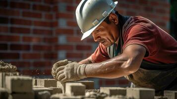 feliz pedreiro instalando tijolos em construção local. generativo ai foto