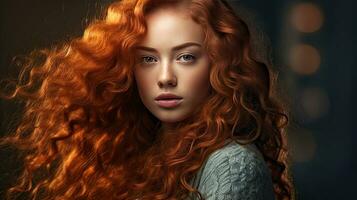 uma lindo modelo menina com grandes vermelho encaracolado cabelo. vermelho cabeça. generativo ai foto