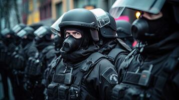 uma equipe do especial polícia forças cordão às a demonstração, bloqueio rua protestos. generativo ai foto