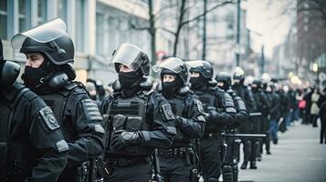 uma equipe do especial polícia forças cordão às a demonstração, bloqueio rua protestos. generativo ai foto