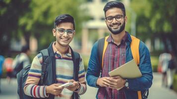 uma aluna e homem dentro universidade pronto para costas para escola aprendizado, metas ou alvos. bolsa de estudos, Educação e feliz, confiante e orgulhoso masculino a partir de Índia segurando tábua para estudo. generativo ai foto