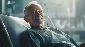 uma Senior masculino paciente deitado satisfeito sorridente às moderno hospital paciente cama. saúde médico. generativo ai foto