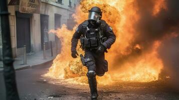 uma especial forças Policial foge a partir de fogo às uma protesto. generativo ai foto