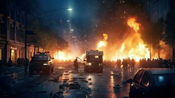 revolucionário motins e protestos. queimando construção e carros dentro a cidade. especial força polícia com equipamento pegando manifestantes dentro a noite. generativo ai foto