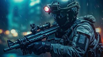 uma especial forças soldado policiais grupo com Alto tecnologia arma de fogo e arma trabalhando dentro noite cidade. generativo ai foto