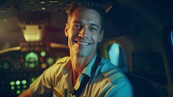 uma confiante masculino piloto dentro uniforme guardando braços cruzado e sorridente enquanto em pé dentro do a avião. generativo ai foto