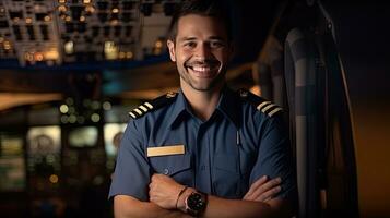 uma confiante masculino piloto dentro uniforme guardando braços cruzado e sorridente enquanto em pé dentro do a avião. generativo ai foto