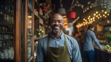 retrato do feliz africano americano homem em pé às porta do dela loja. alegre maduro garçonete esperando para clientes às café fazer compras. pequeno o negócio proprietário. generativo ai foto