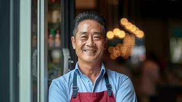 retrato do feliz ásia homem em pé às porta do dela loja. alegre maduro garçonete esperando para clientes às café fazer compras. pequeno o negócio proprietário. generativo ai foto