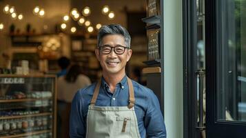 retrato do feliz ásia homem em pé às porta do dela loja. alegre maduro garçonete esperando para clientes às café fazer compras. pequeno o negócio proprietário. generativo ai foto