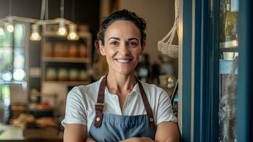 retrato do feliz mulher em pé às porta do dela loja. alegre maduro garçonete esperando para clientes às café fazer compras. pequeno o negócio proprietário. generativo ai foto