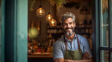 retrato do feliz jovem homem em pé às porta do dela loja. alegre maduro garçonete esperando para clientes às café fazer compras. pequeno o negócio proprietário. generativo ai foto