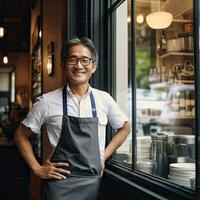 retrato do feliz ásia homem em pé às porta do dela loja. alegre maduro garçonete esperando para clientes às café fazer compras. pequeno o negócio proprietário. generativo ai foto