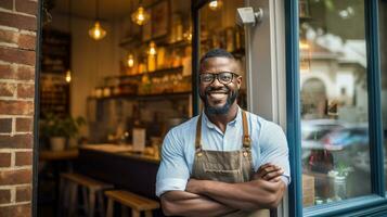 retrato do feliz africano americano homem em pé às porta do dela loja. alegre maduro garçonete esperando para clientes às café fazer compras. pequeno o negócio proprietário. generativo ai foto