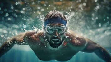 profissional nadador, natação corrida, interior piscina. generativo ai foto