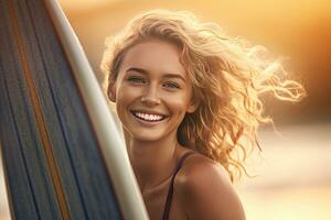 alegre senhora com uma prancha de surfe às a de praia. surf. generativo ai foto