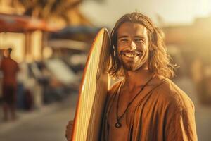 alegre homem com uma prancha de surfe às a de praia. surf. generativo ai foto