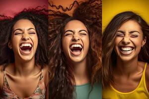 diversidade e variedade conceito. criativo composto colagem Series do otimista multicultural mulheres sorridente em colorida estúdio fundos. Tiros na Cabeça retratos do multirracial senhoras. generativo ai foto
