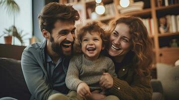 alegre família do três tendo Diversão juntos dentro vivo quarto às lar. generativo ai foto