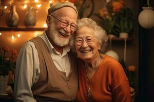 idosos casal sentindo-me feliz sorridente e olhando para Câmera enquanto relaxar dentro vivo quarto às lar. foto