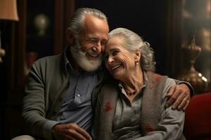 idosos casal sentindo-me feliz sorridente e olhando para Câmera enquanto relaxar dentro vivo quarto às lar. foto