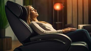 uma empresária é relaxante em dela massagem cadeira dentro a vivo quarto enquanto cochilando. elétrico massagem cadeira. generativo ai foto