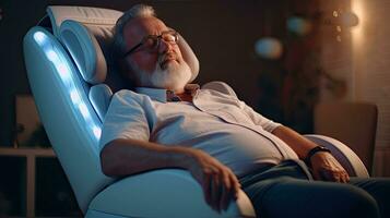 uma Senior homem é relaxante em dela massagem cadeira dentro a vivo quarto enquanto cochilando. elétrico massagem cadeira. generativo ai foto