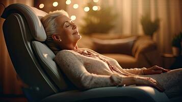 uma Senior mulher é relaxante em dela massagem cadeira dentro a vivo quarto enquanto cochilando. elétrico massagem cadeira. generativo ai foto