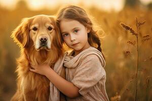 uma pequeno menina abraçando dourado cachorro dentro a campo dentro verão dia junto. fofa criança com cachorrinho animal retrato às natureza dentro a manhã. alegre. generativo ai foto