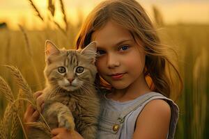 uma pequeno menina com uma gato dentro a campo dentro verão dia junto. fofa criança com cachorrinho animal retrato às natureza dentro a manhã. alegre. generativo ai foto