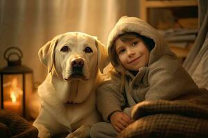 alegre do uma criança com uma labrador às lar. generativo ai foto