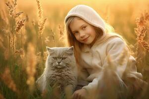 uma pequeno menina com uma gato dentro a campo dentro verão dia junto. fofa criança com cachorrinho animal retrato às natureza dentro a manhã. alegre. generativo ai foto