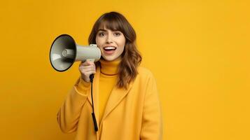 alegre jovem bonita mulher segurando megafone fazer anúncio dentro isolado amarelo fundo. generativo ai foto