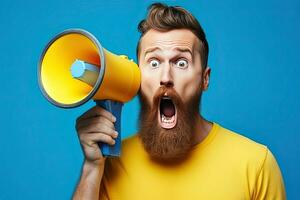 Uau face do jovem barbudo homem desgasta azul camisa aguarde grito dentro megafone anuncia descontos venda pressa acima isolado em avião amarelo fundo. generativo uma foto