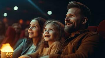 uma família, alegre casal é com seus filha dentro a cinema, assistindo a emocionante filme. cinema conceito. generativo ai foto